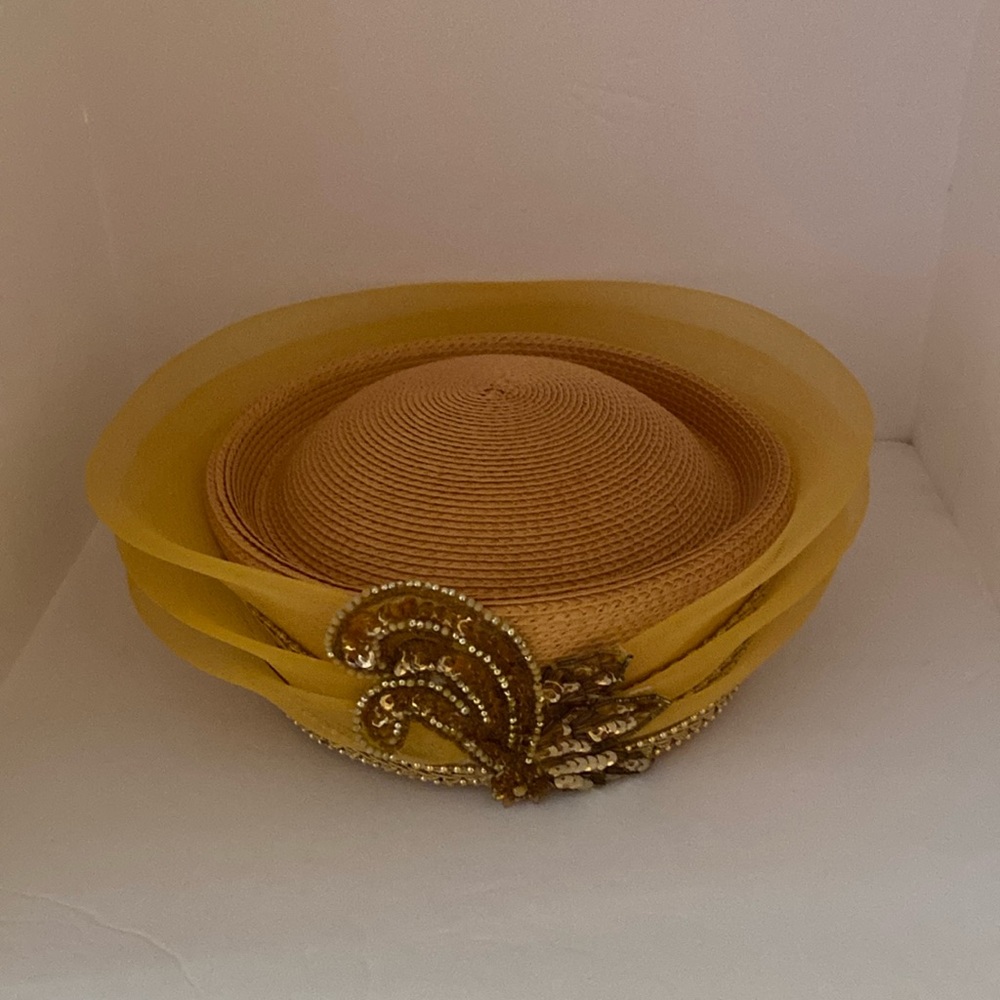 Deborah New York Vintage Yellow Pillbox Shaped Sequins Netting Ladies Hat